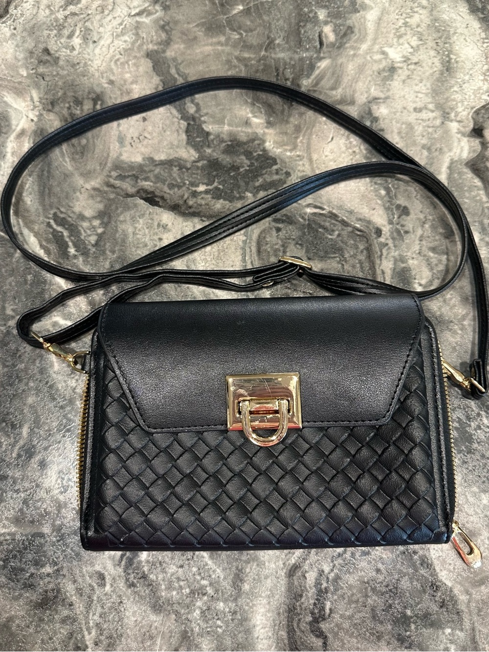 Black Woven Crossbody Bag with Gold Hardware